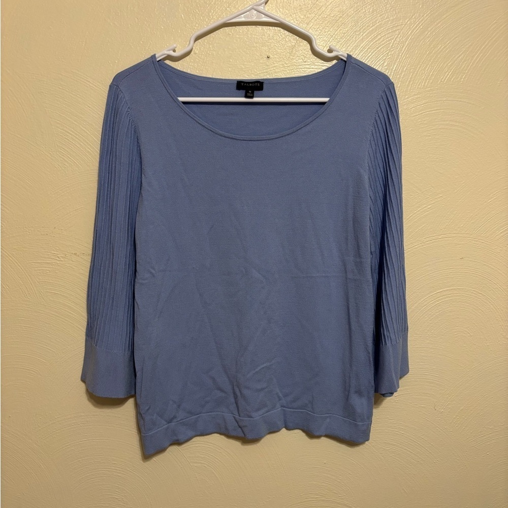 Talbots Blue Knit Sweater Womens Medium Ribbed 3/4 Sleeve Lightweight